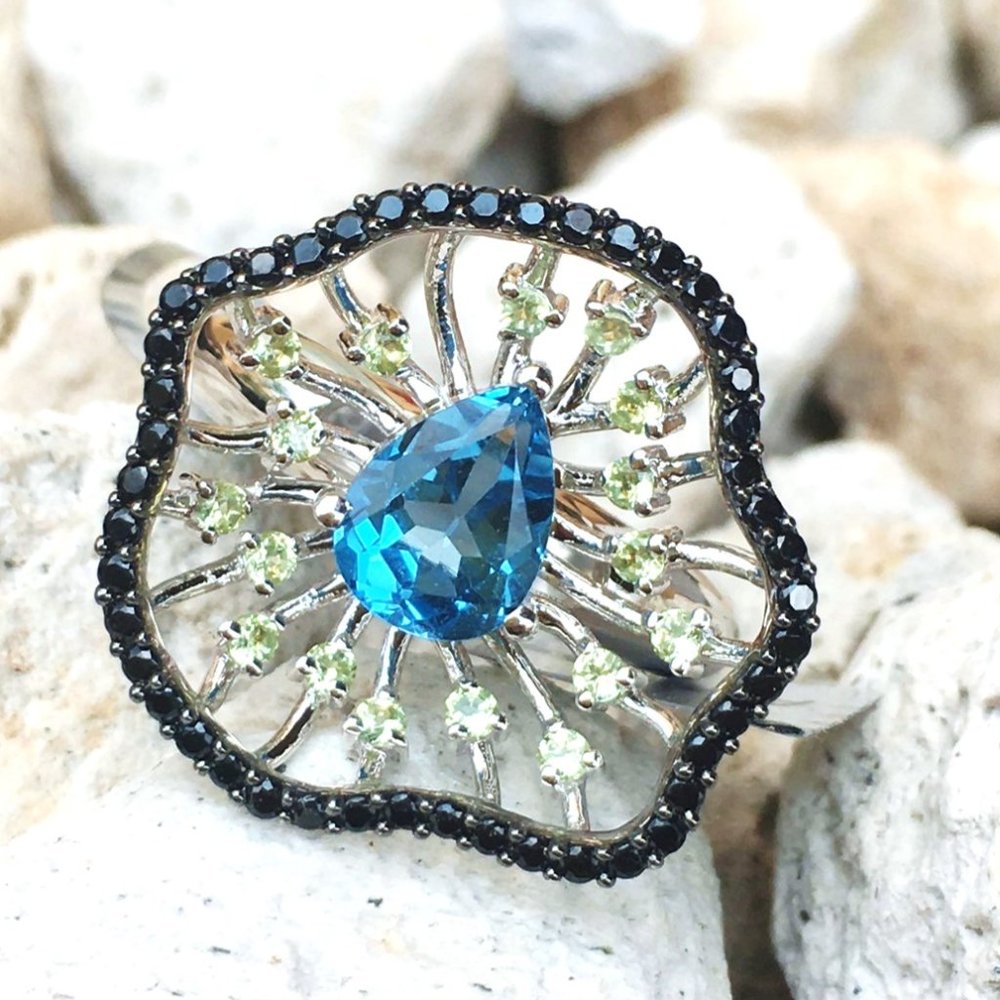 Swiss Blue Topaz .925 Cocktail Ring Peridot Black Spinel Sterling Silver Genuine - Picture 7 of 15